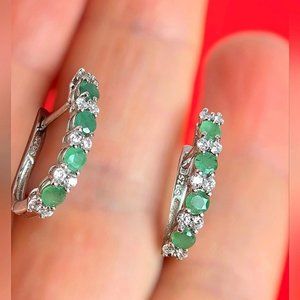 925 Sterling Silver Earrings with Natural Emerald with CZ